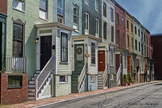 painted houses, Portland, Maine, row houses, street scene